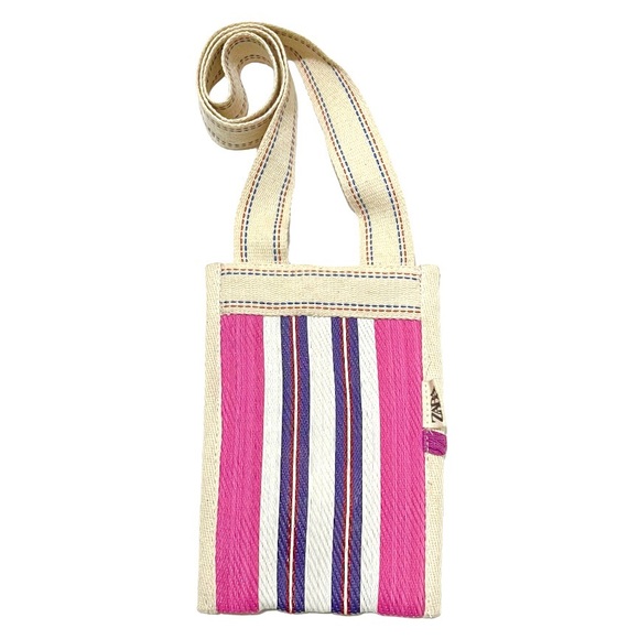 ZARA Stripe Phone Holder Crossbody Bag – Pink, Purple & Cream Canvas Pouch - Picture 4 of 6
